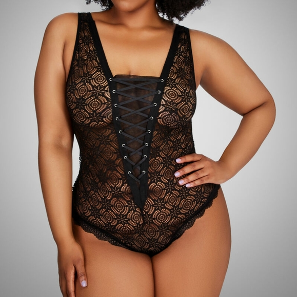 Ashley Stewart Tops - Ashley Stewart Criss Cross Sheer Lace Bodysuit